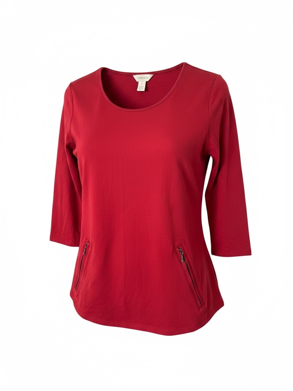 Chico's Red Scoop Neck Long Sleeve Top with Zip Pocket Details